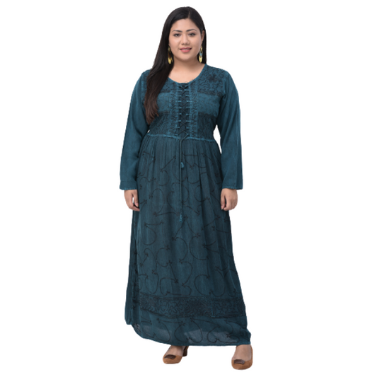 Women Teal Embroidered Round Neck Maxi Dress