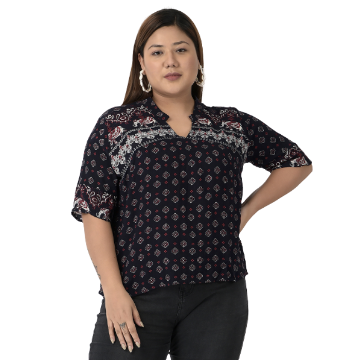 Women Plus Size Black Floral Print Mandarin Collar Top