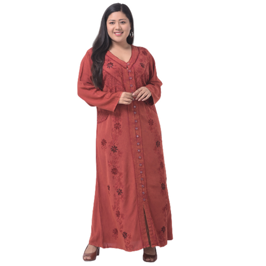 Rust Ethnic Motifs Embroidered Maxi Dress