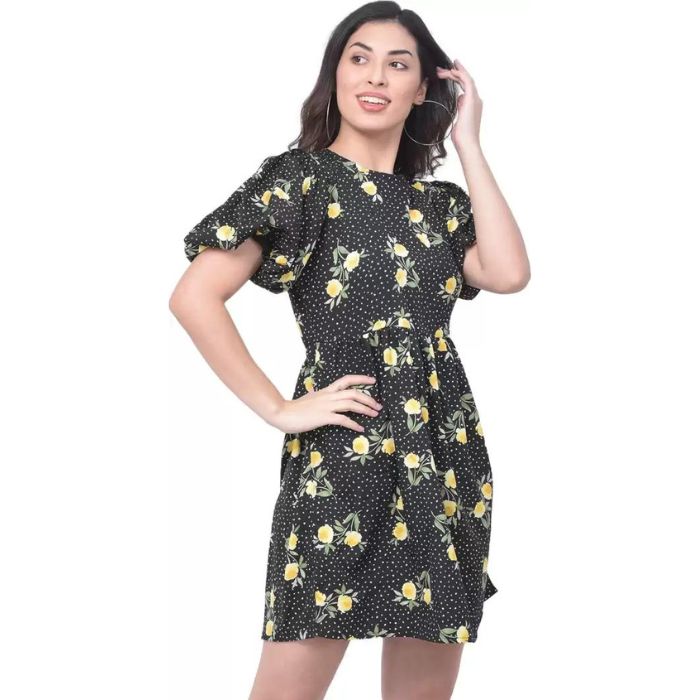 Women Black & Yellow Floral Printed A-Line Dress