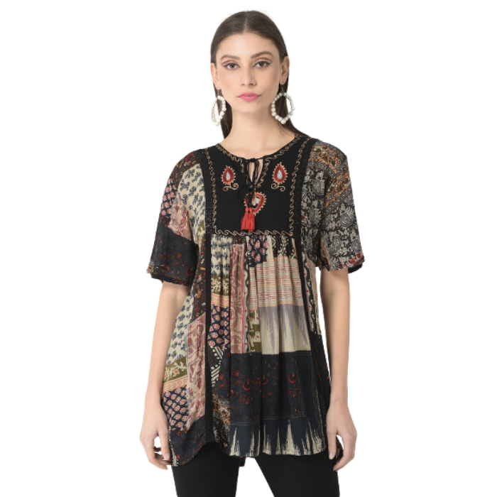 Print Tie-Up Neck A-Line Top