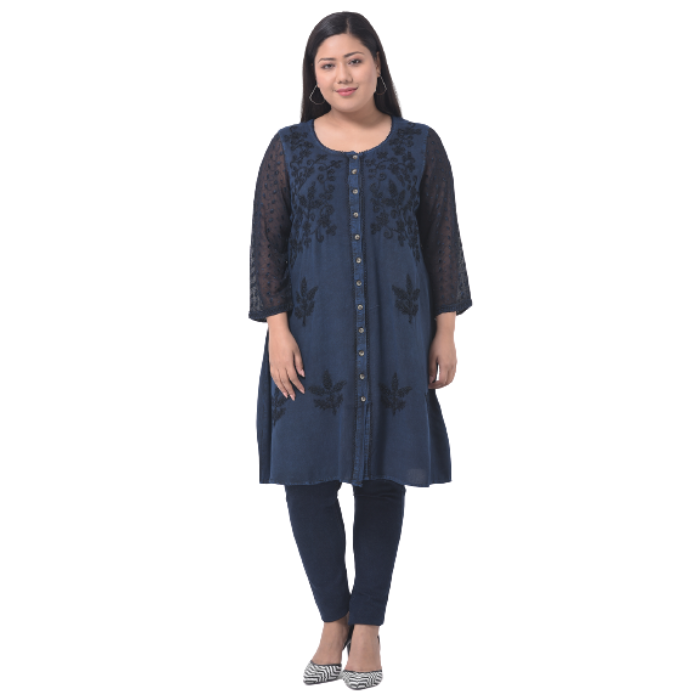 Women Navy Blue Floral Embroidered Thread Work Kurta