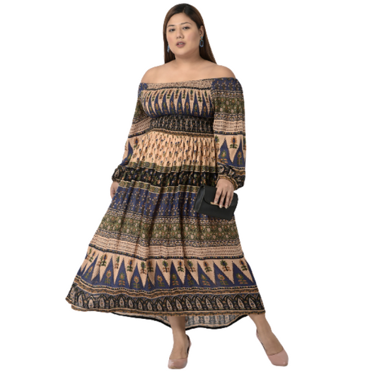 Cream-Coloured & Grey Ethnic Motifs Maxi Dress