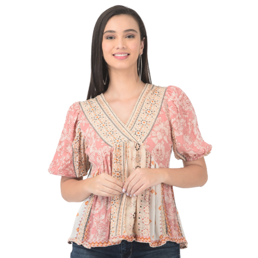 Floral Printed Pleated Puff Sleeves Empire Top