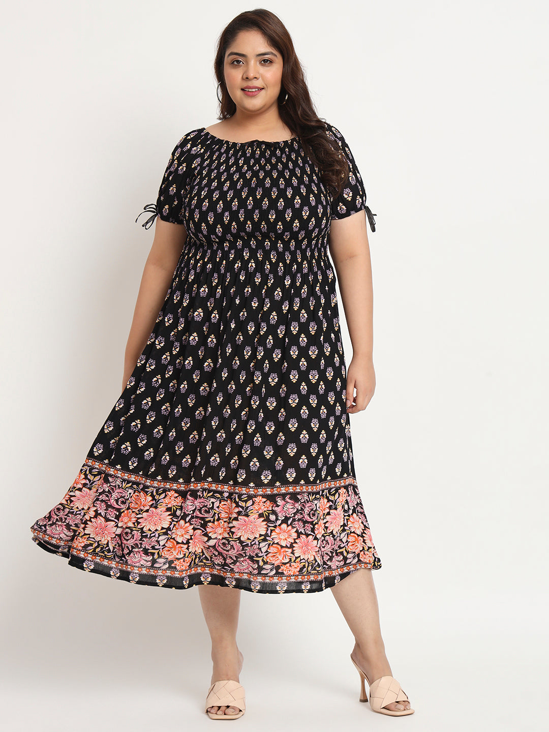 Plus Size Ethnic Motifs Printed Smocked Fit & Flare Midi Dress