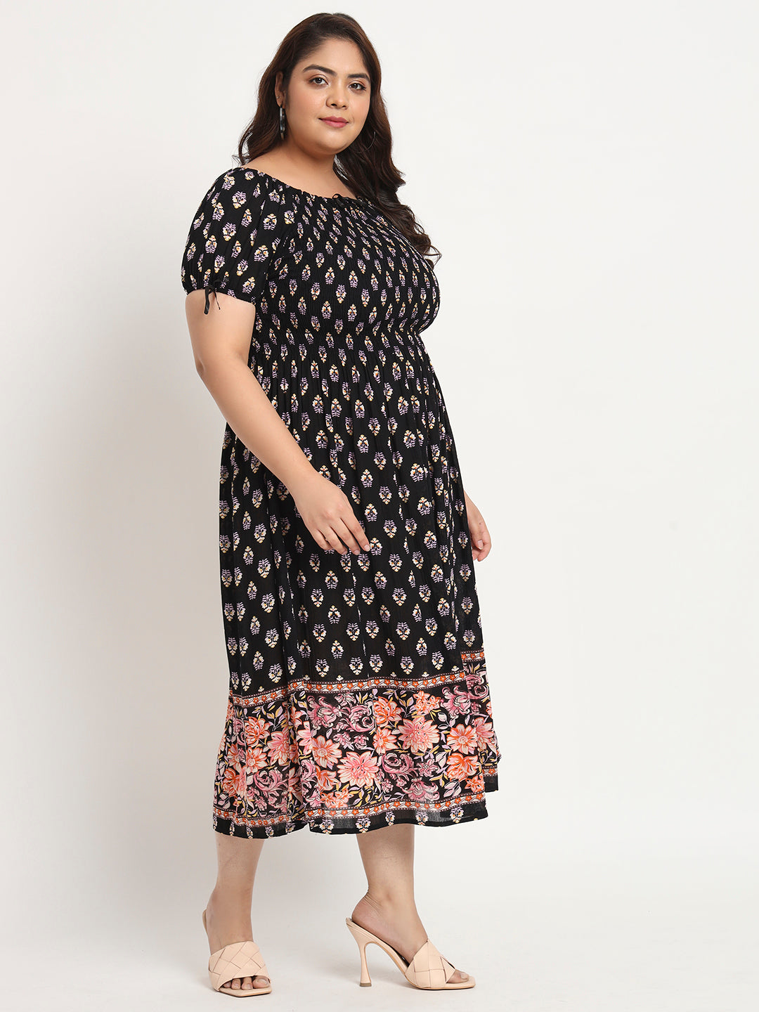 Plus Size Ethnic Motifs Printed Smocked Fit & Flare Midi Dress