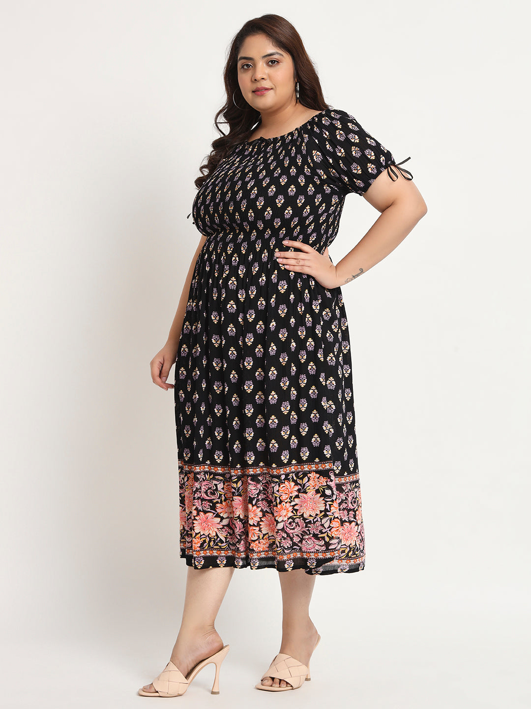 Plus Size Ethnic Motifs Printed Smocked Fit & Flare Midi Dress