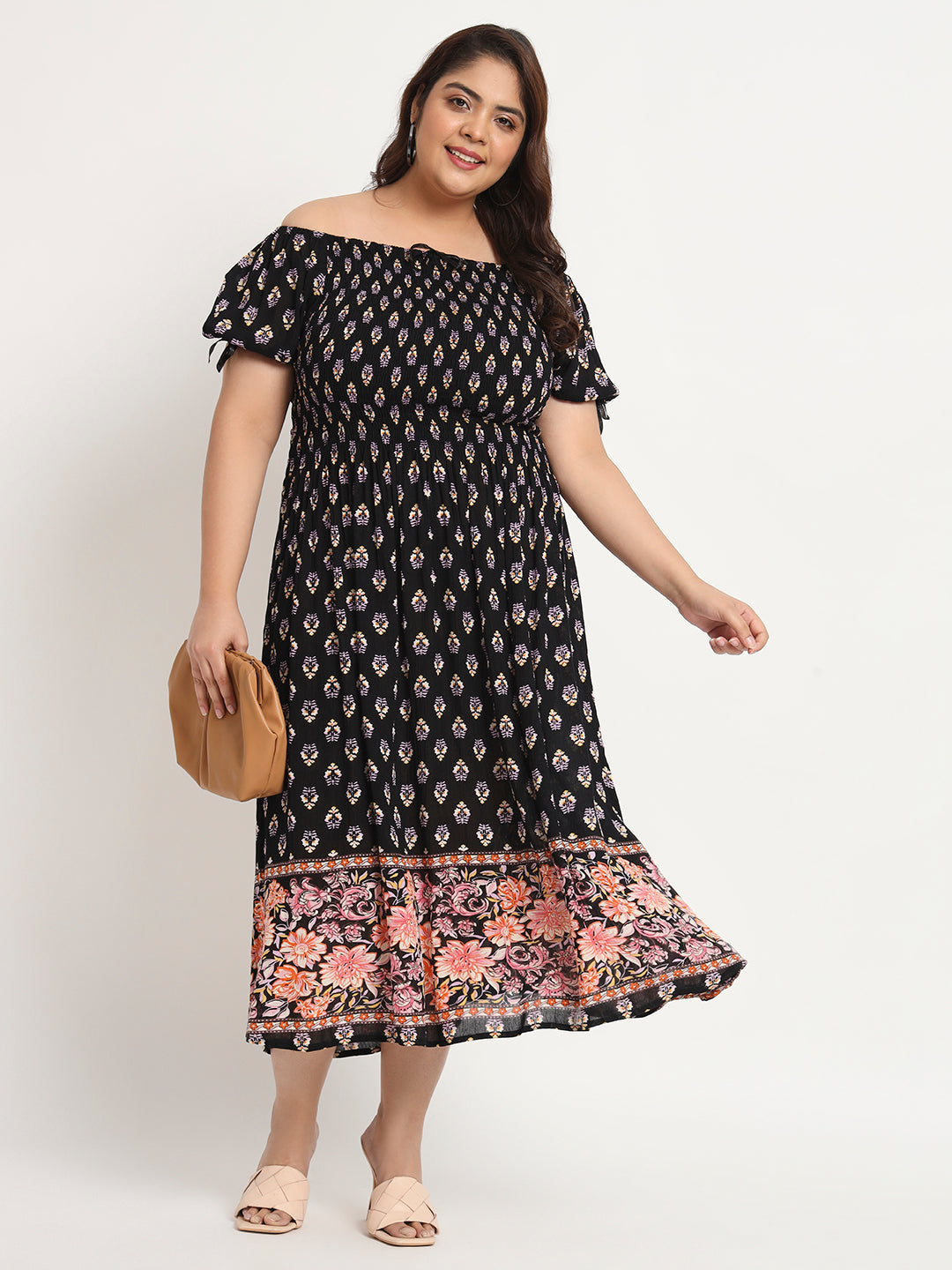 Plus Size Ethnic Motifs Printed Smocked Fit & Flare Midi Dress