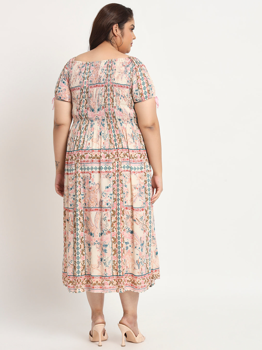 Plus Size Floral Printed Smocked Fit & Flare Midi Dress