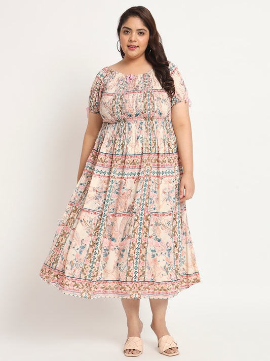 Plus Size Floral Printed Smocked Fit & Flare Midi Dress