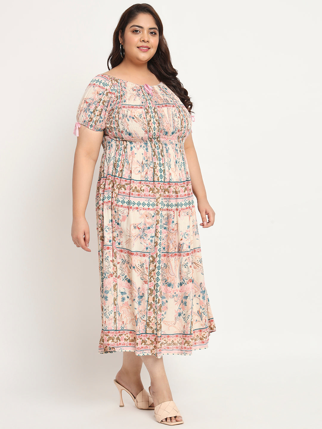 Plus Size Floral Printed Smocked Fit & Flare Midi Dress