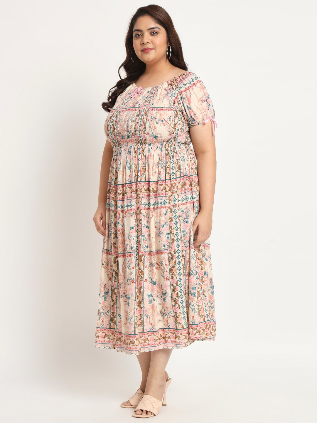 Plus Size Floral Printed Smocked Fit & Flare Midi Dress