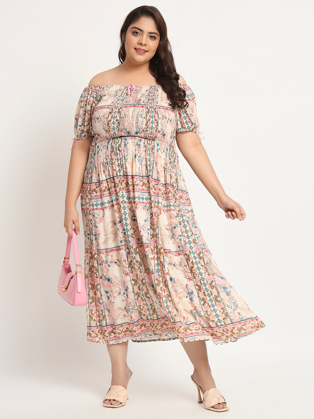 Plus Size Floral Printed Smocked Fit & Flare Midi Dress