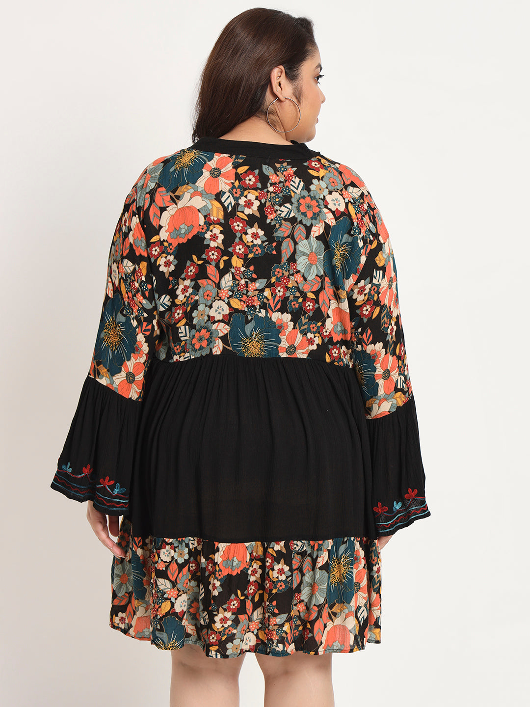 Plus Size Floral Printed Bell Sleeves Lace Detail A-Line Dress