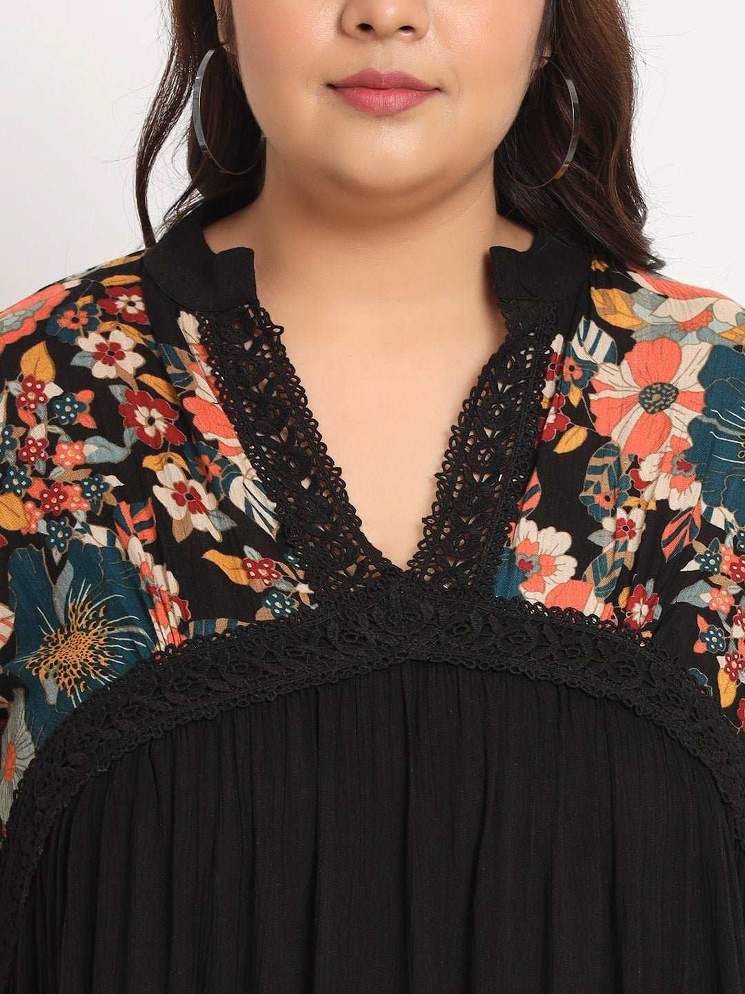 Plus Size Floral Printed Bell Sleeves Lace Detail A-Line Dress