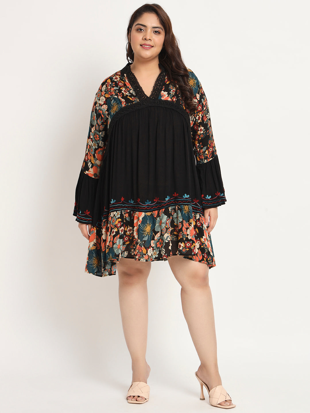 Plus Size Floral Printed Bell Sleeves Lace Detail A-Line Dress