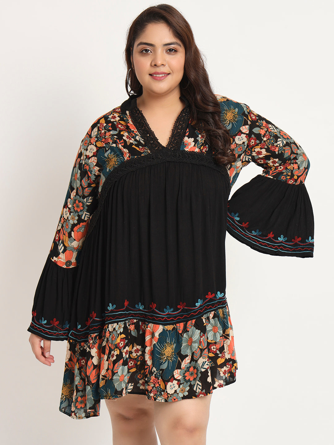 Plus Size Floral Printed Bell Sleeves Lace Detail A-Line Dress