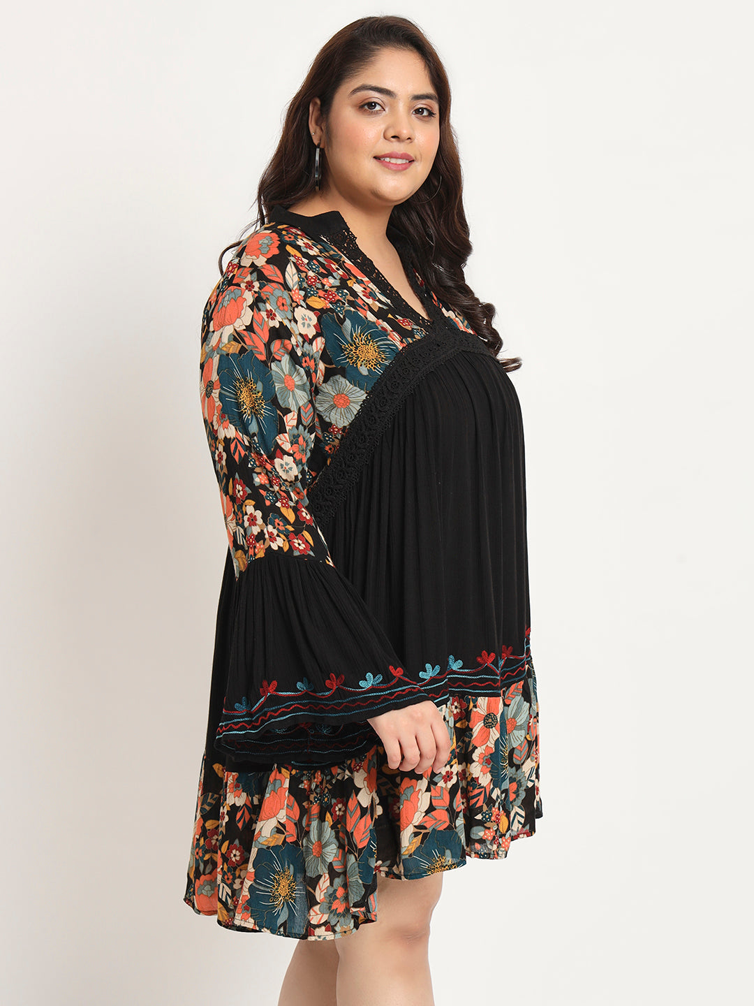 Plus Size Floral Printed Bell Sleeves Lace Detail A-Line Dress