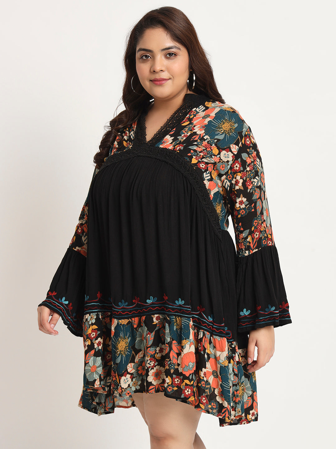 Plus Size Floral Printed Bell Sleeves Lace Detail A-Line Dress