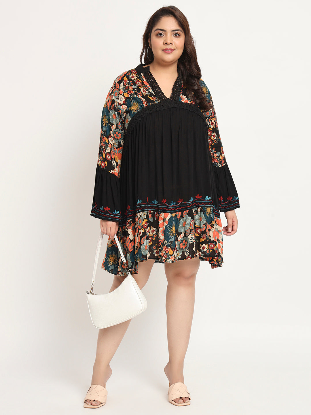 Plus Size Floral Printed Bell Sleeves Lace Detail A-Line Dress