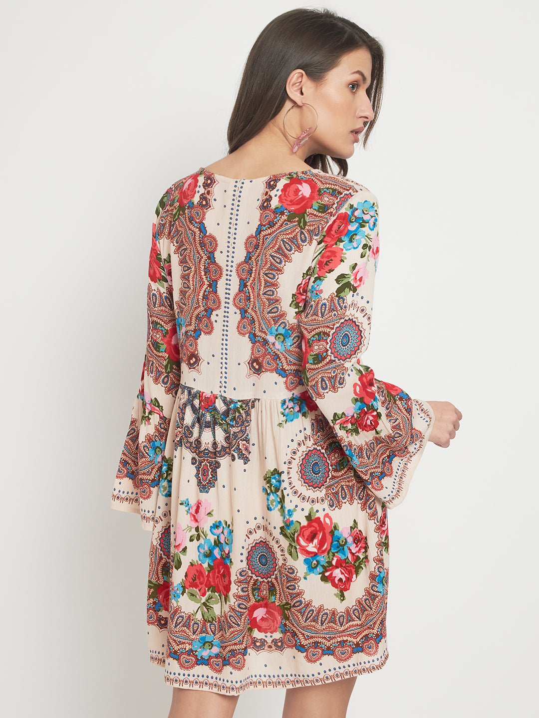 Floral Printed Tie-Up Neck Empire Dress