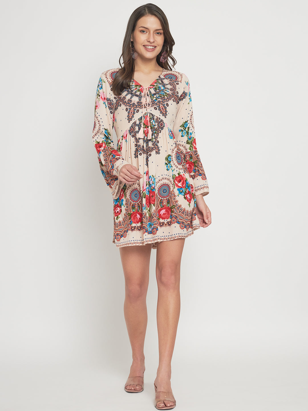 Floral Printed Tie-Up Neck Empire Dress