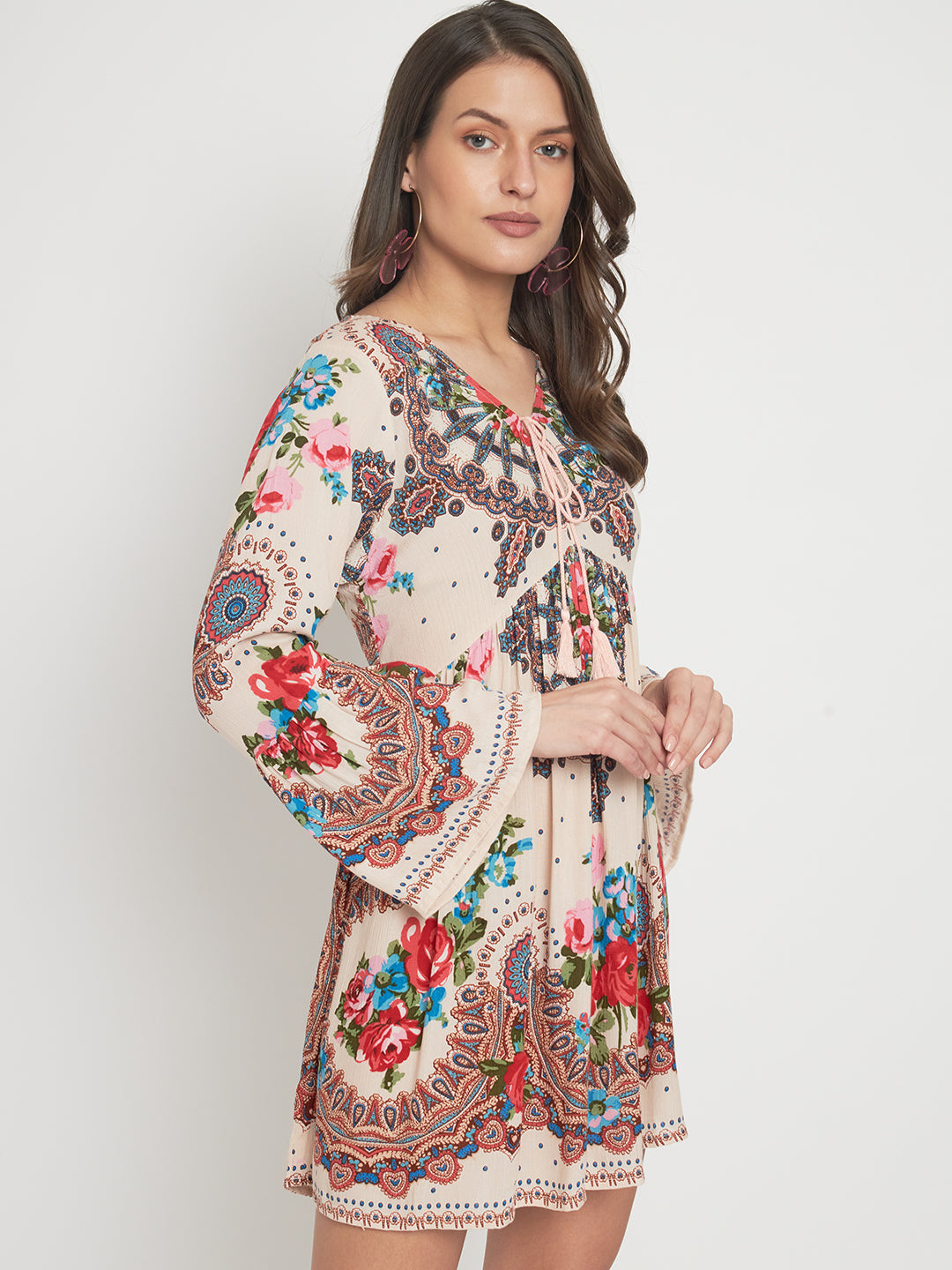 Floral Printed Tie-Up Neck Empire Dress