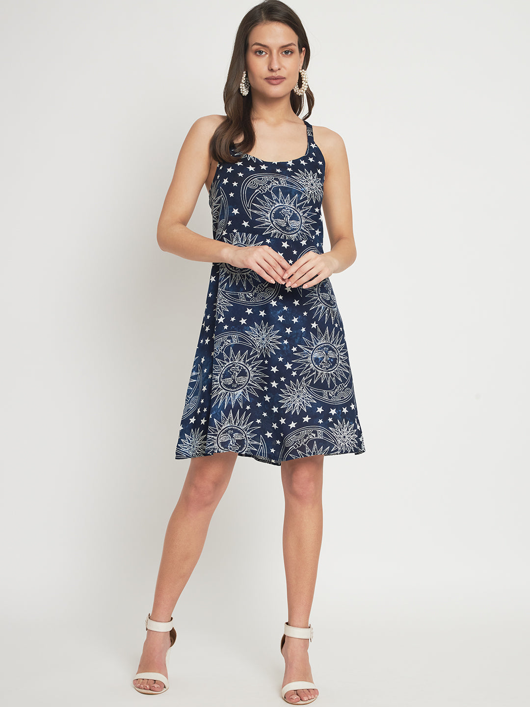 Blue,white floral print a-line dress Shoulder straps