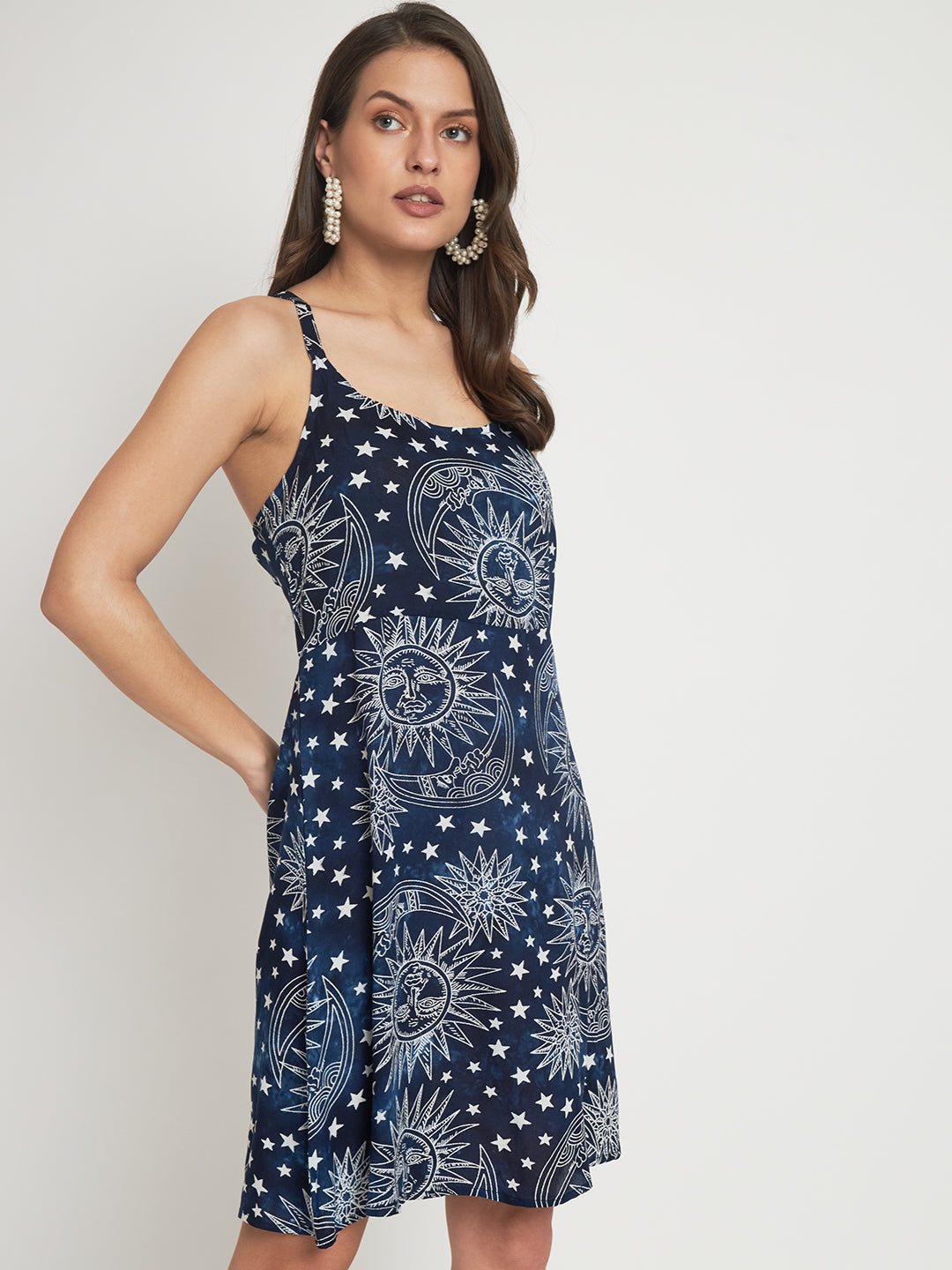 Blue,white floral print a-line dress Shoulder straps