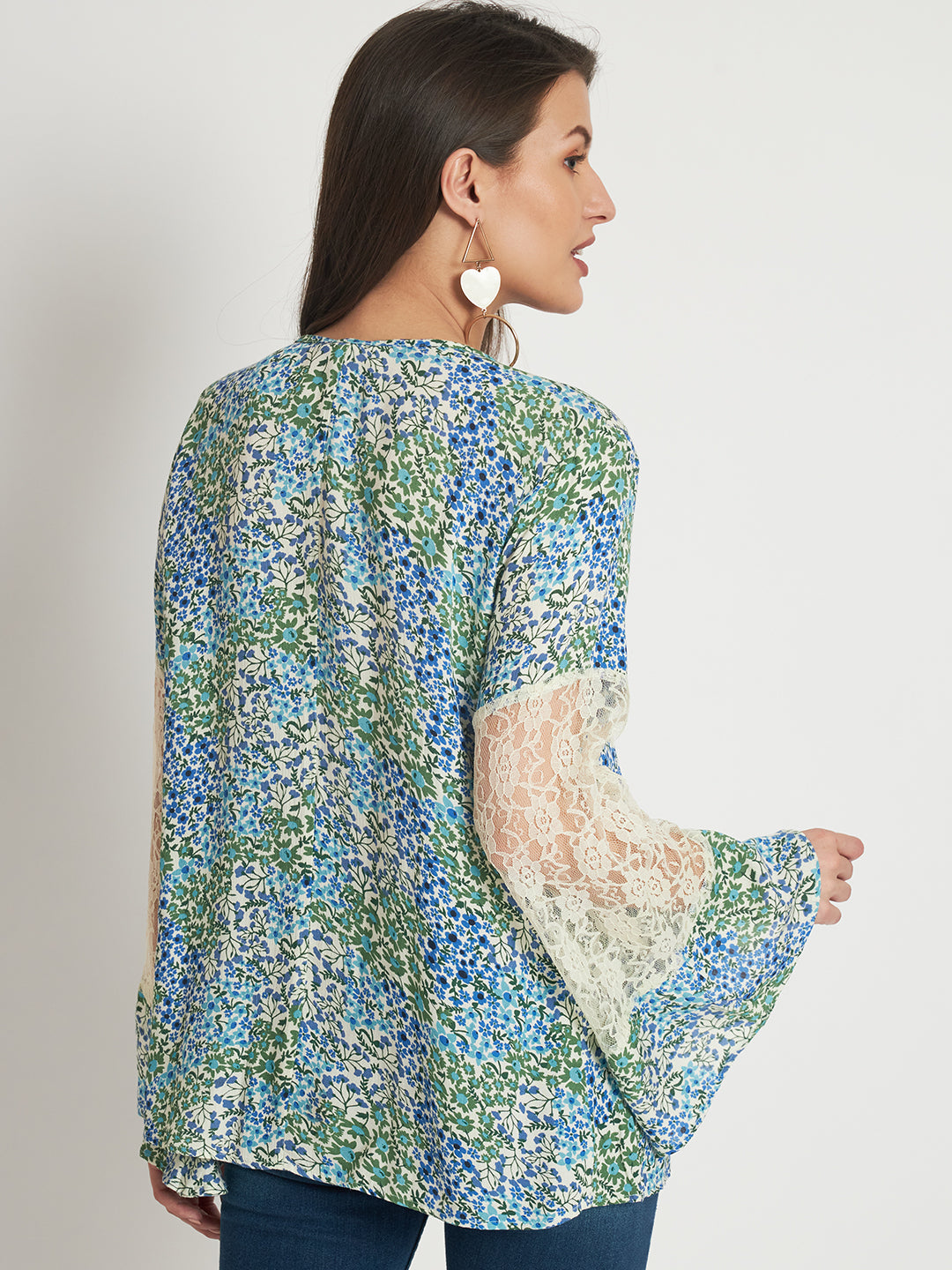 Floral Printed Tie-Up Neck Bell Sleeve Pleated Top