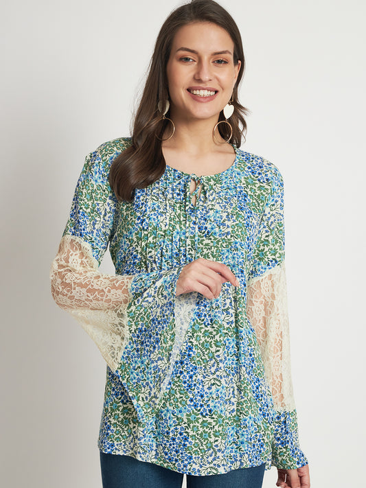 Floral Printed Tie-Up Neck Bell Sleeve Pleated Top