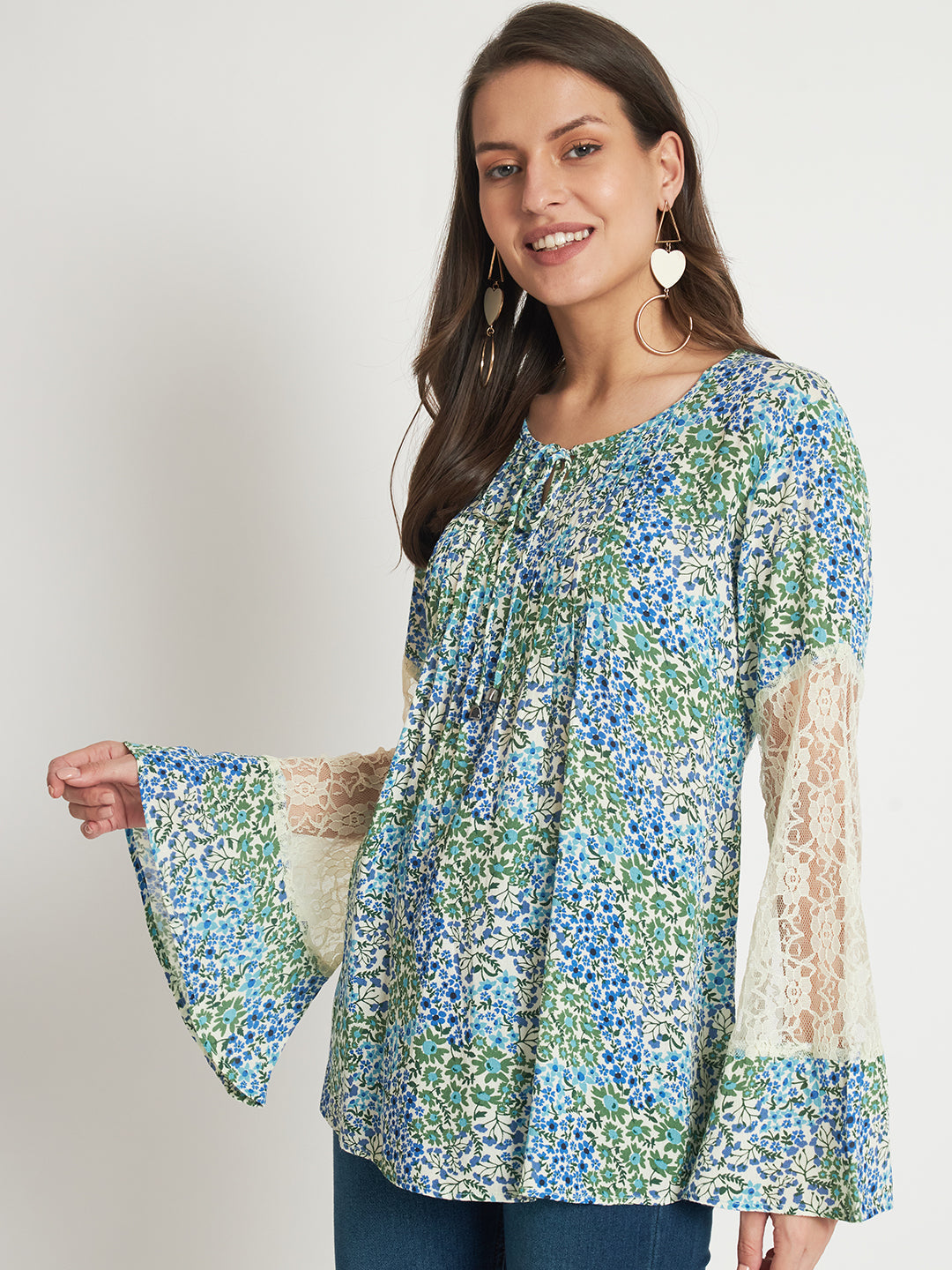 Floral Printed Tie-Up Neck Bell Sleeve Pleated Top