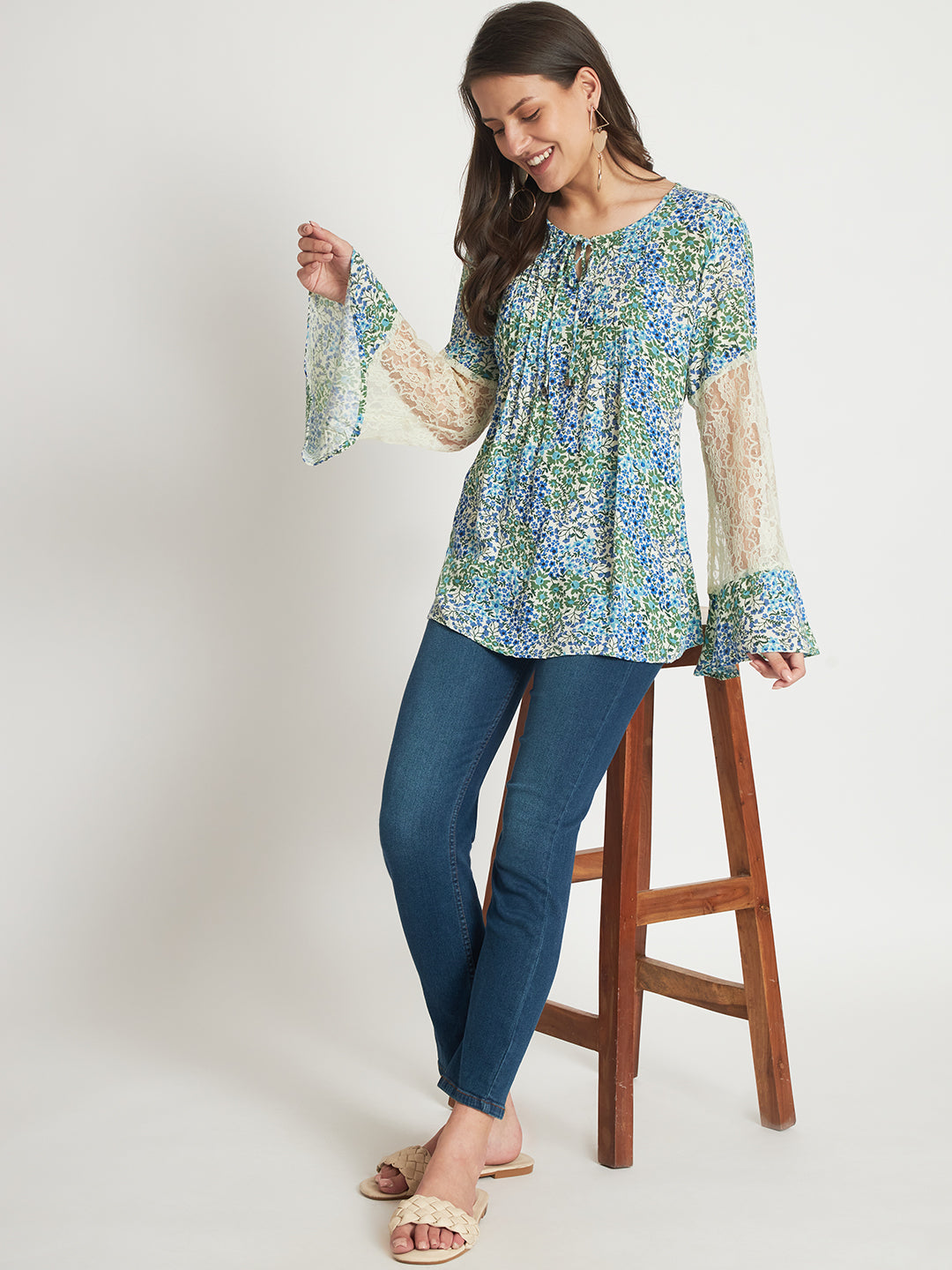 Floral Printed Tie-Up Neck Bell Sleeve Pleated Top