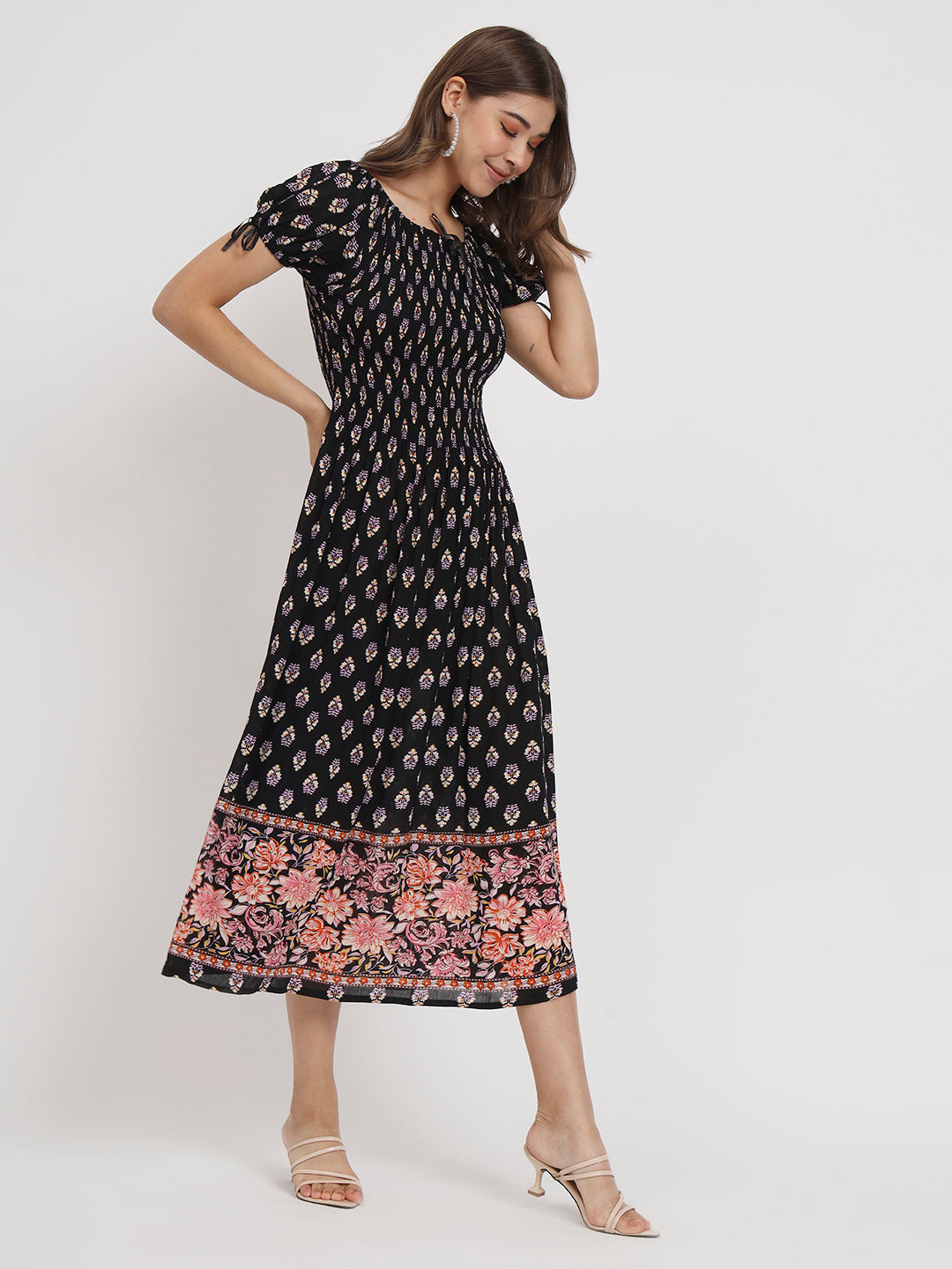 Ethnic Motifs Print Ruffled Fit & Flare Midi Dress