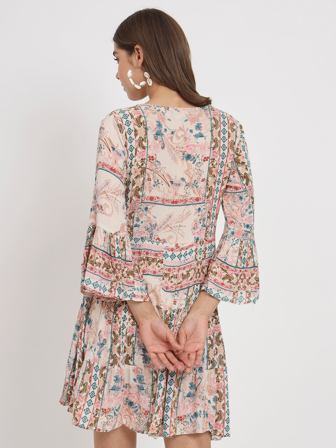 Floral Printed Tie-Up Neck Bell Sleeve Empire Dress