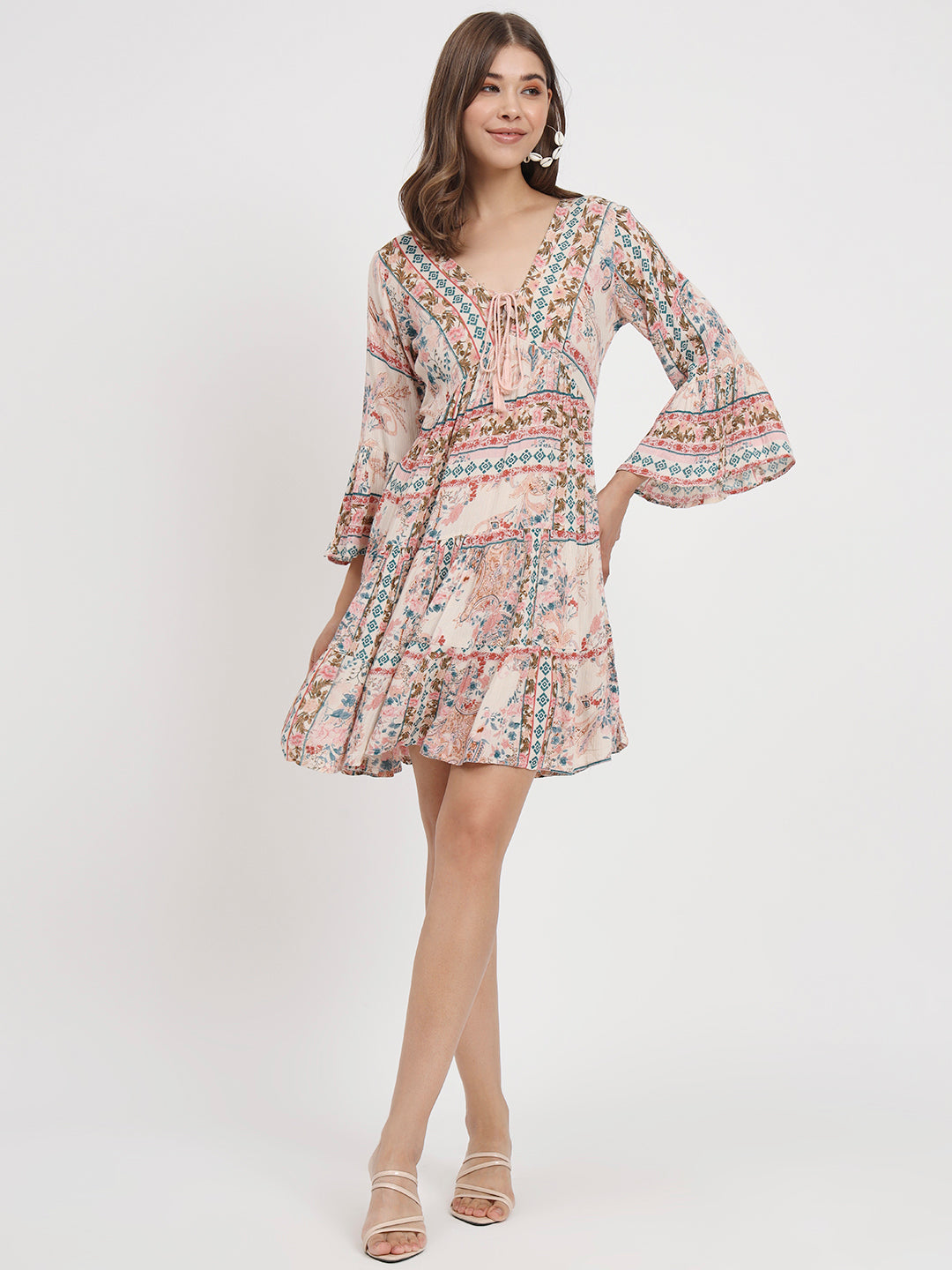 Floral Printed Tie-Up Neck Bell Sleeve Empire Dress