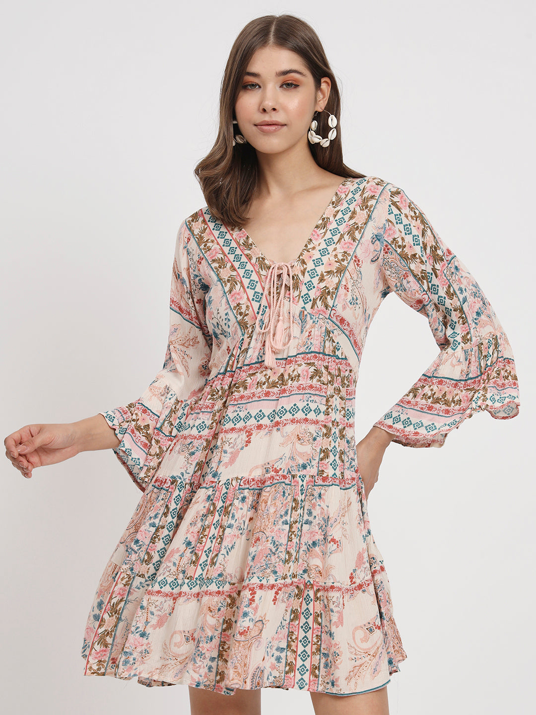 Floral Printed Tie-Up Neck Bell Sleeve Empire Dress