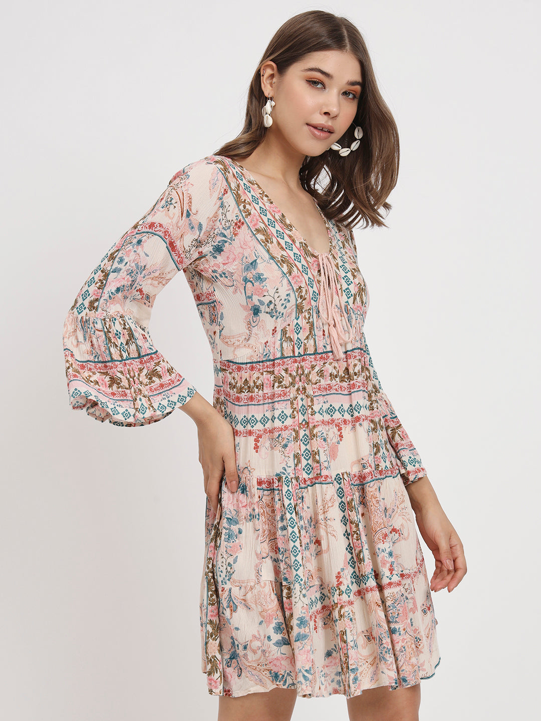 Floral Printed Tie-Up Neck Bell Sleeve Empire Dress