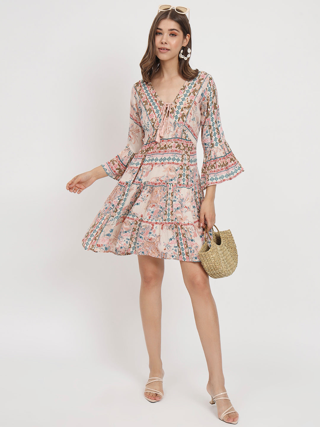 Floral Printed Tie-Up Neck Bell Sleeve Empire Dress