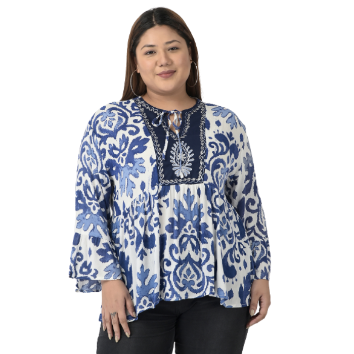 Women Plus size Blue Print Tie-Up Neck Top