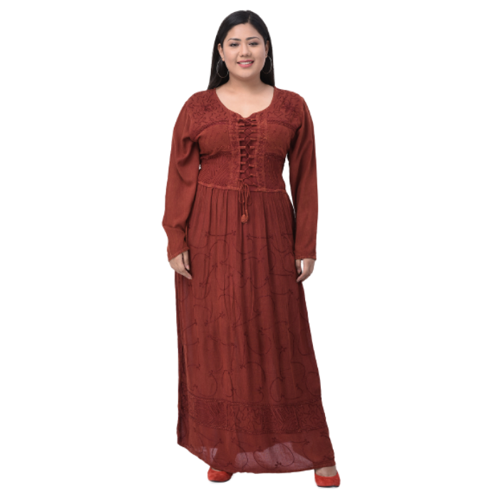 Plus Size Maroon Embroidered Maxi Dress