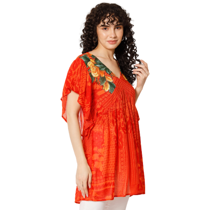 Print Flutter Sleeve Empire Longline Top