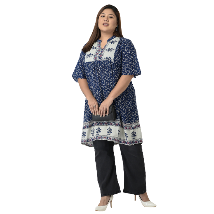 Plus-Size Blue & Off White Floral Printed Kurta