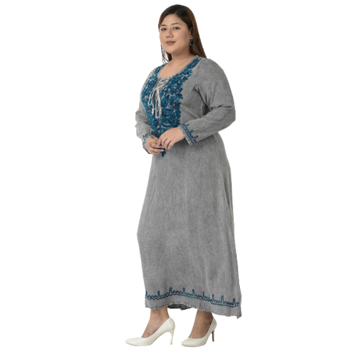 Women Grey & Blue Floral Embroidered Maxi Dress