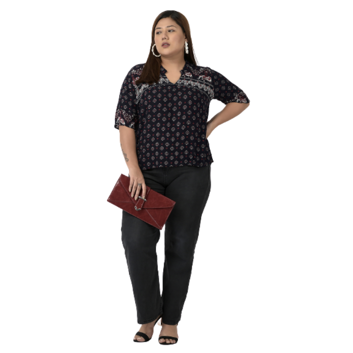 Women Plus Size Black Floral Print Mandarin Collar Top