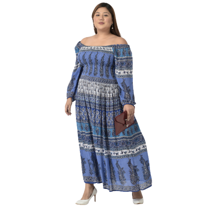 Blue Ethnic Printed Long Sleeves Maxi Dress