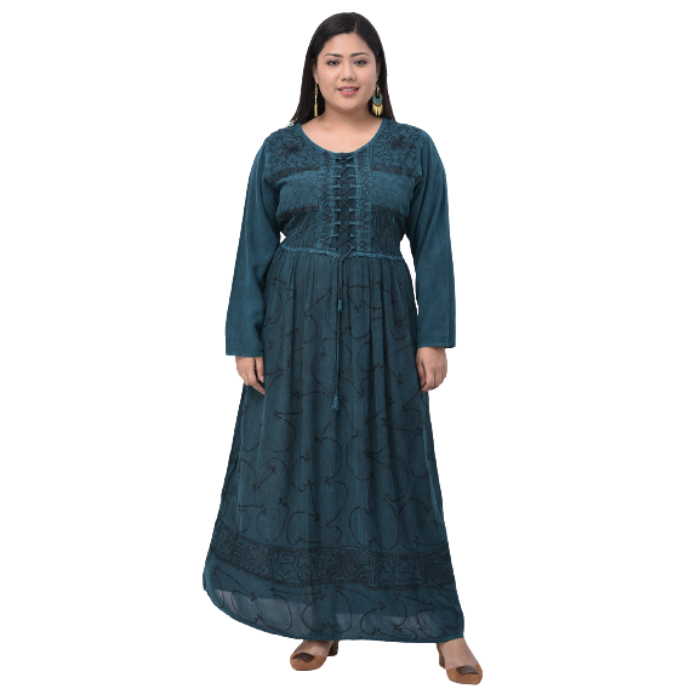 Women Teal Embroidered Round Neck Maxi Dress