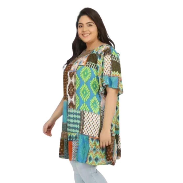 Patch Print Green/Turquoise Top with front Pockets