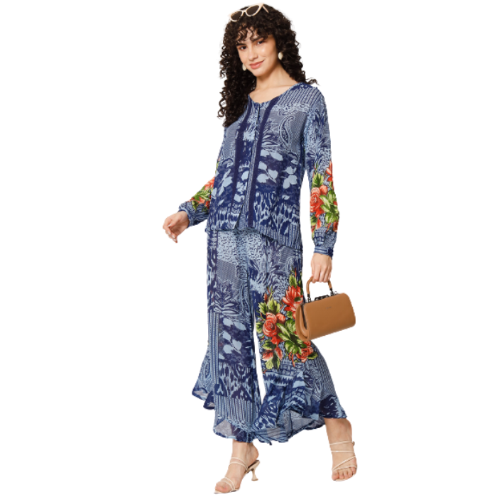 Ethnic Motifs Print Puff Sleeve co-ord set of 2