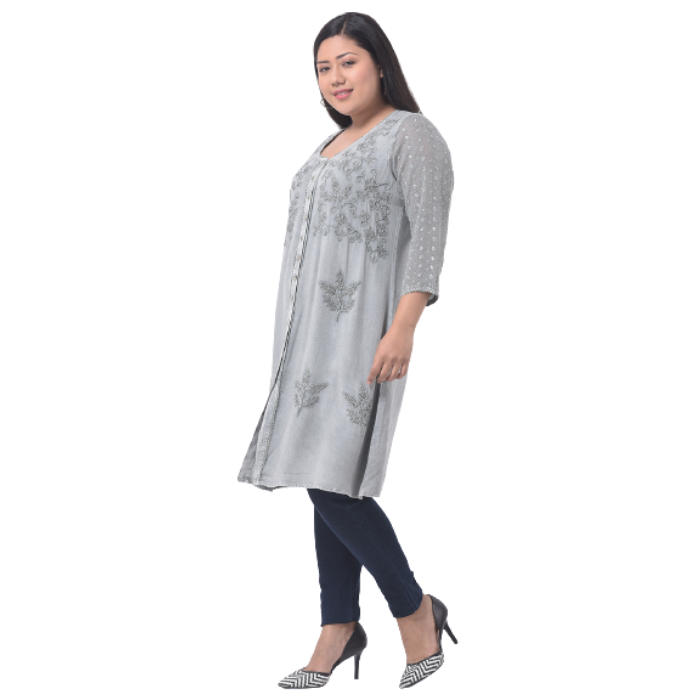 Grey Floral Embroidered Longline Top Plus Size